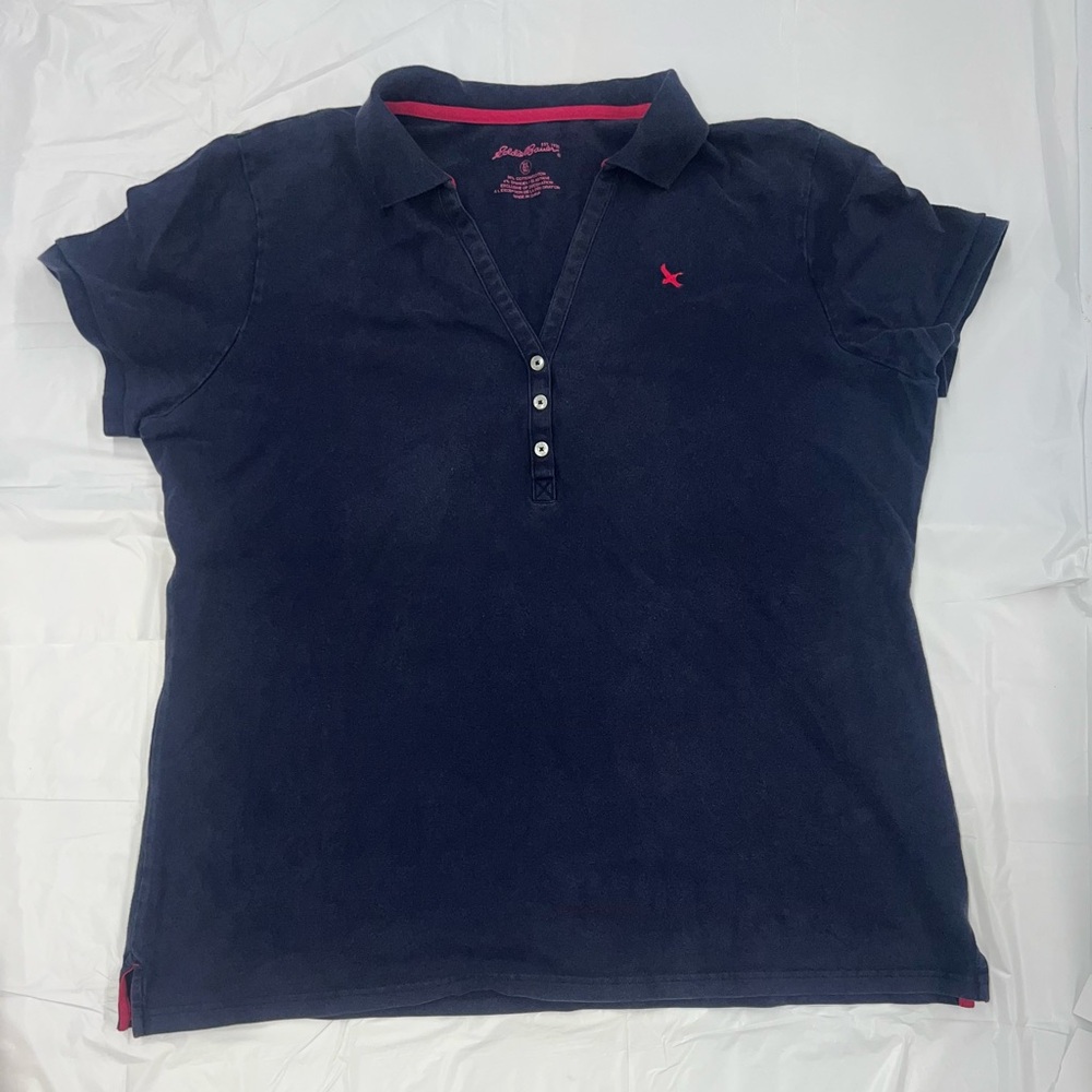 Women’s Eddie Bauer XXL TALL V-neck Short Sleeve Collared 3 Button Shirt Navy